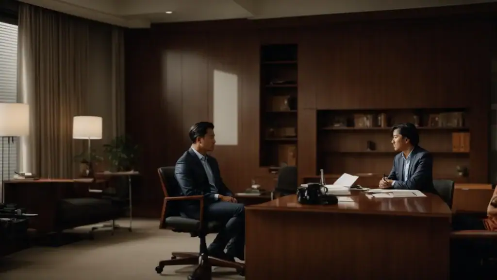 a concerned parent consults with a lawyer in a calm, private office setting.