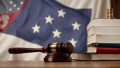 a gavel and legal books sit on a table with the arizona state flag in the background.