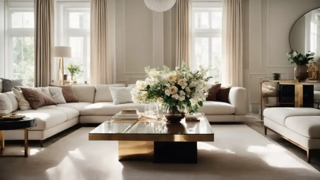 a well-lit, spacious living room with fresh flowers on the coffee table, flanked by plush sofas and gleaming floors.
