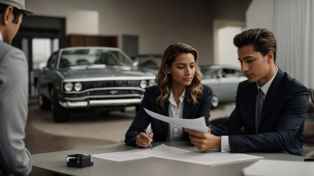 two people in a formal meeting, one pointing at a document on a table, with a car model nearby.