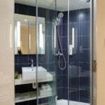a bathroom with a glass shower