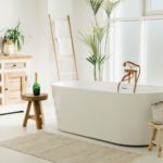 a white bathtub in a room