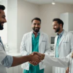 a group of dentists shaking hands in agreement in a modern dental clinic.