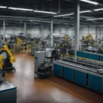 a panoramic view of a high-tech factory floor bustling with advanced robotics and machinery in operation.