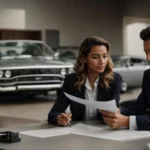 two people in a formal meeting, one pointing at a document on a table, with a car model nearby.