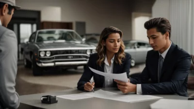 two people in a formal meeting, one pointing at a document on a table, with a car model nearby.