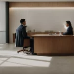 a person sitting across from a lawyer in a consultation room, discussing documents.