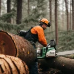 a professional tree removal contractor operates a chainsaw with safety gear beside a large fallen tree.