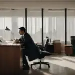 a person sitting across from a lawyer in a neat office, both discussing documents spread out on the desk.
