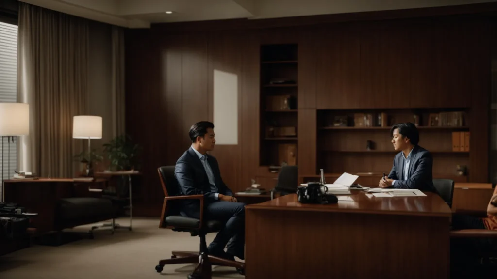 a concerned parent consults with a lawyer in a calm, private office setting.