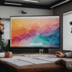 two professionals in a meeting room brainstorm over a large digital screen displaying a colorful business strategy roadmap.