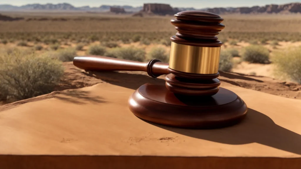 a gavel resting on a table with the backdrop of the arizona desert, symbolizing the judicial system within the state's unique environment.