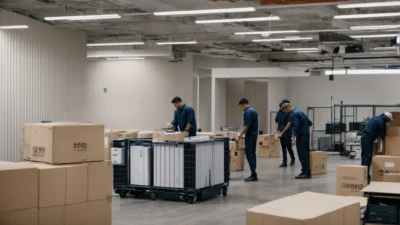 a team of professionals efficiently packing office equipment into large crates in a spacious, empty office space.
