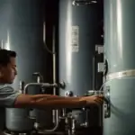 a technician carefully inspects a residential water heater using a flashlight.
