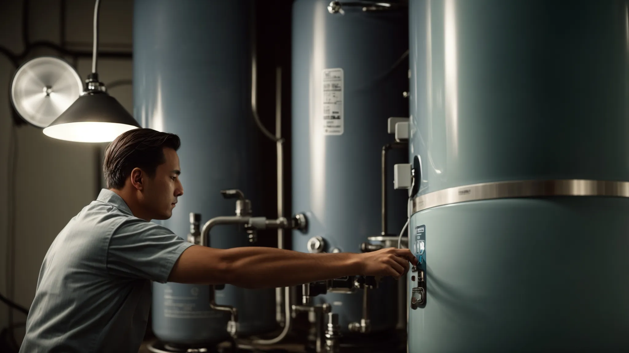 a technician carefully inspects a residential water heater using a flashlight.