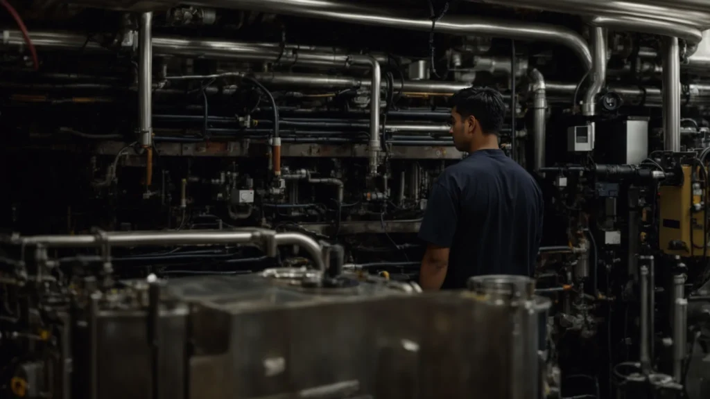 a technician is inspecting a large, modern furnace in a clean basement.