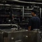 a technician is inspecting a large, modern furnace in a clean basement.