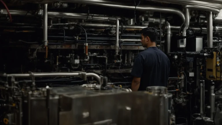 a technician is inspecting a large, modern furnace in a clean basement.