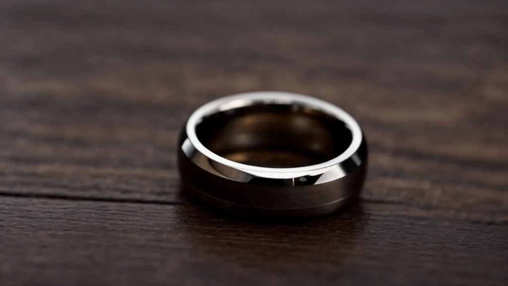 a close-up of a sleek tungsten carbide ring resting on a dark, polished wooden surface.