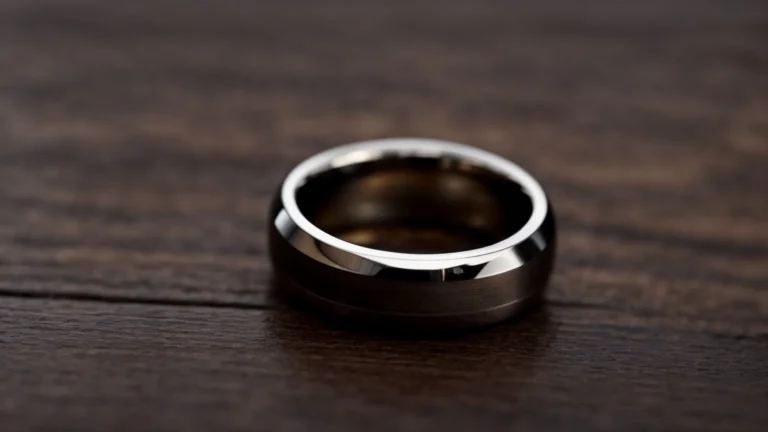 a close-up of a sleek tungsten carbide ring resting on a dark, polished wooden surface.