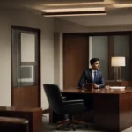 a lawyer is speaking with a concerned client in a private office.