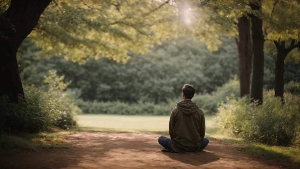 a person sitting in a peaceful park, surrounded by trees, practicing deep breathing exercises.