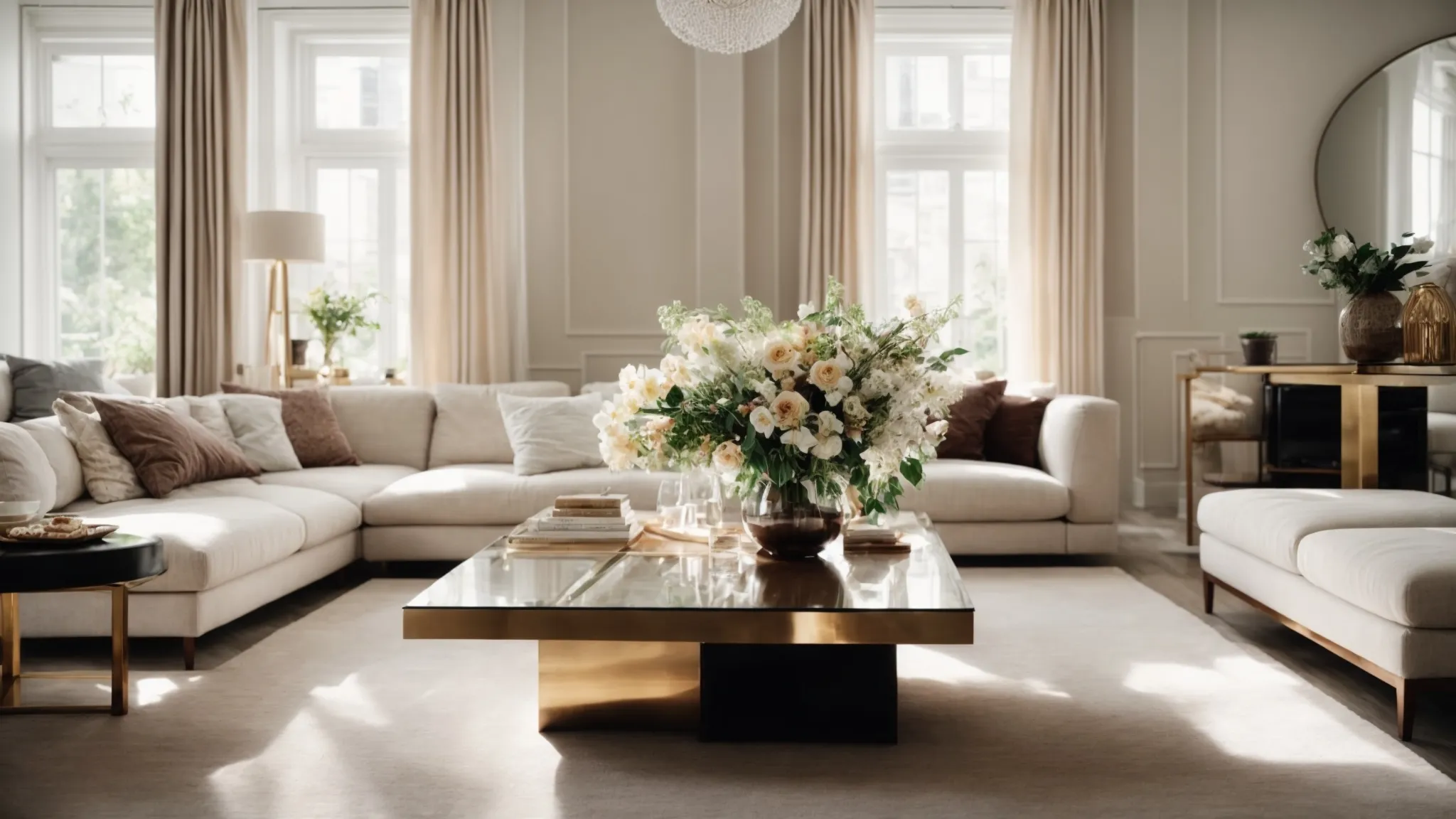a well-lit, spacious living room with fresh flowers on the coffee table, flanked by plush sofas and gleaming floors.